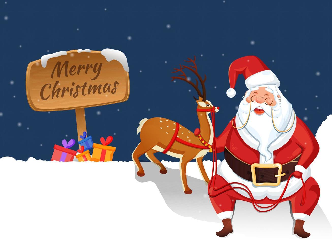 alegre Navidad de madera tablero con dibujos animados Papa Noel claus participación cuerda de reno, regalo cajas en azul y blanco nieve antecedentes. vector