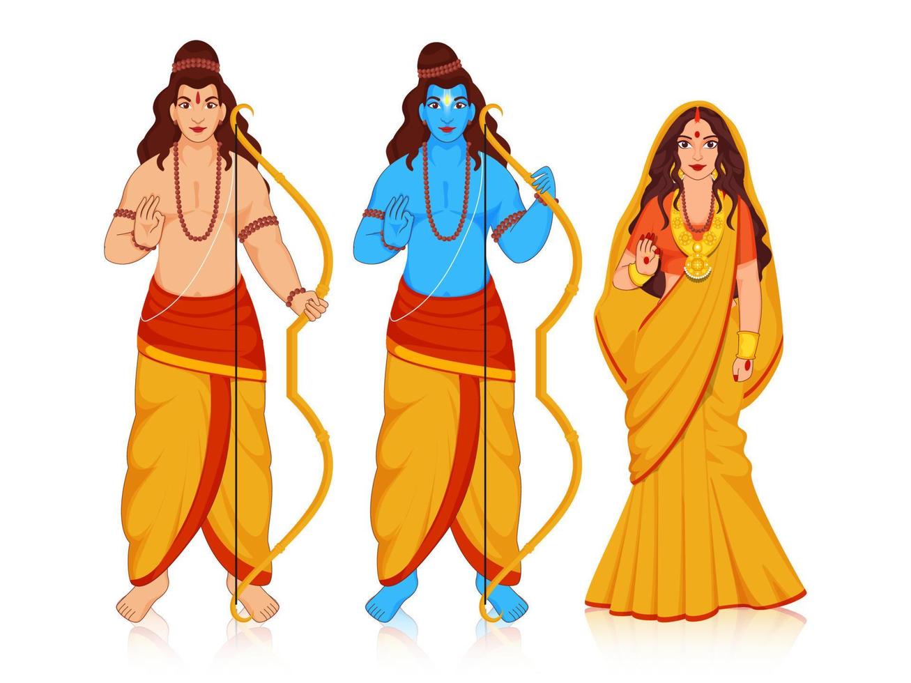 Hindu Mythology Lord Rama with His Wife Sita and Brother Laxman Giving Blessings Together in Standing Pose on White Background. vector