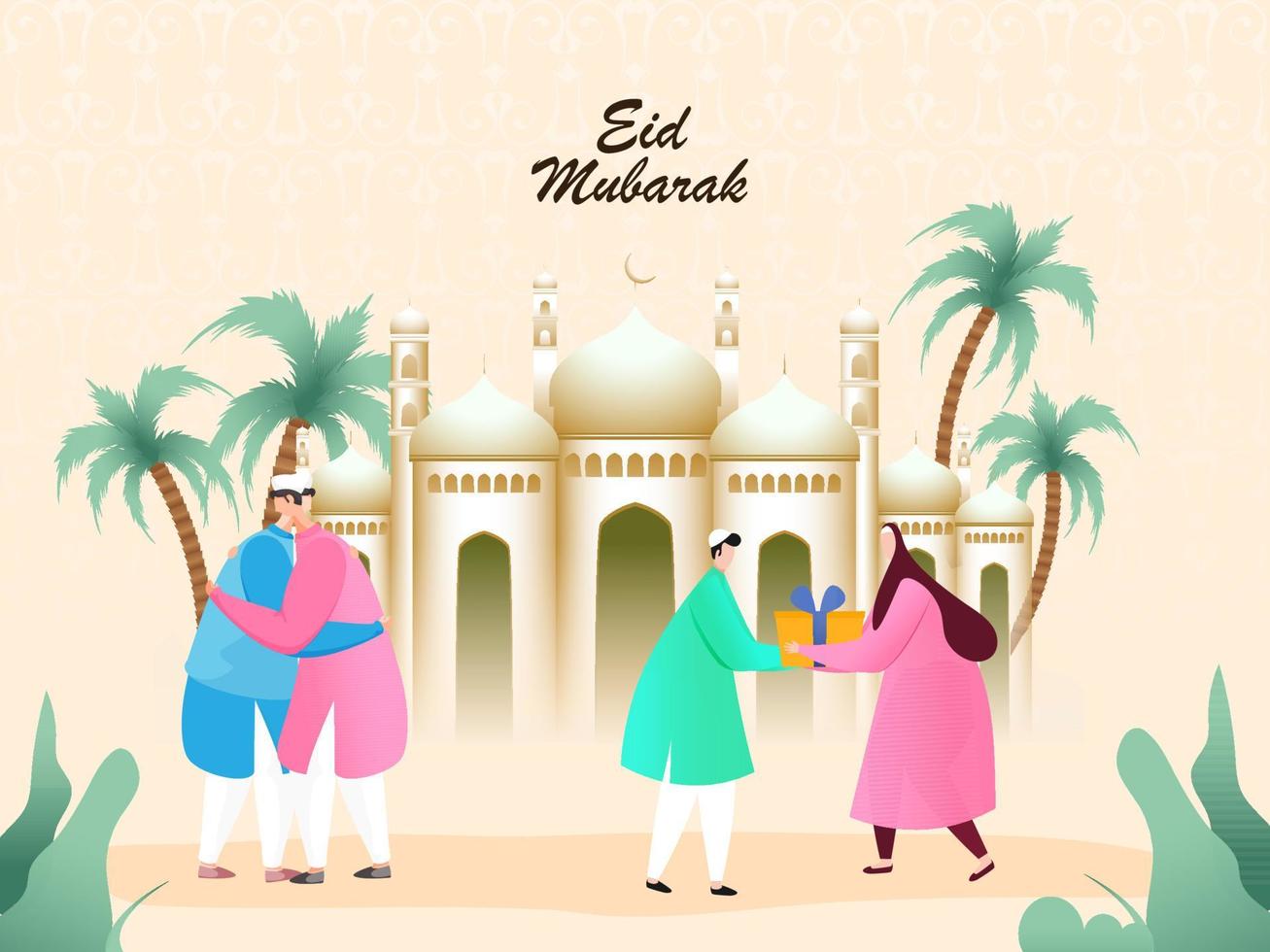 Muslim People Give Gift Box with Hug Together in Front of Golden Mosque on the Occasion of Eid Mubarak. vector