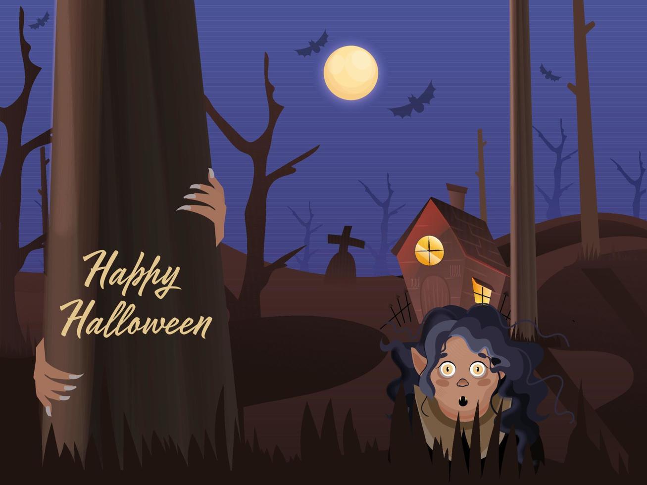 Full Moon Graveyard Background with Haunted House and Cartoon Witch or Ghost Woman on the Occasion of Happy Halloween. vector