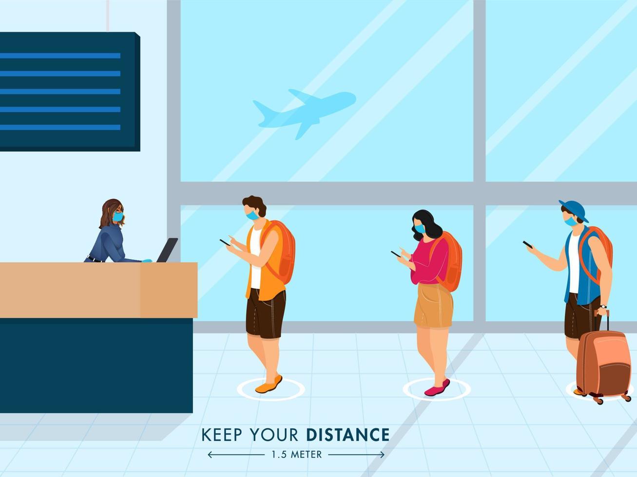 People wearing medical mask in queue maintain social distance away 1.5 meter in front of airport reception counter to prevent from Coronavirus, Covid-19. vector