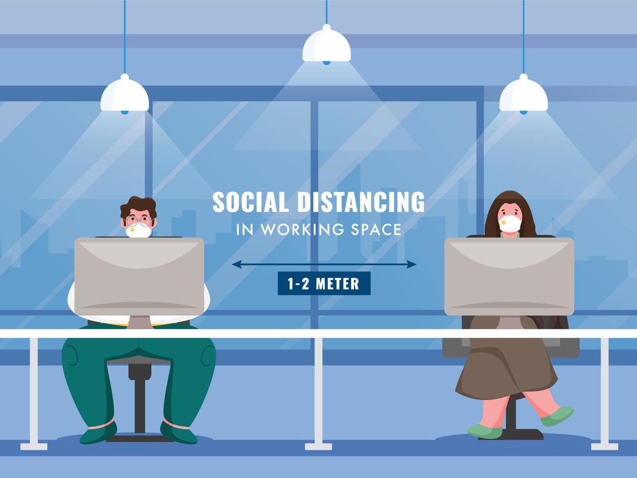 Office Employees Maintaining Social Distance In Working Space To Prevent From Corona Virus. vector