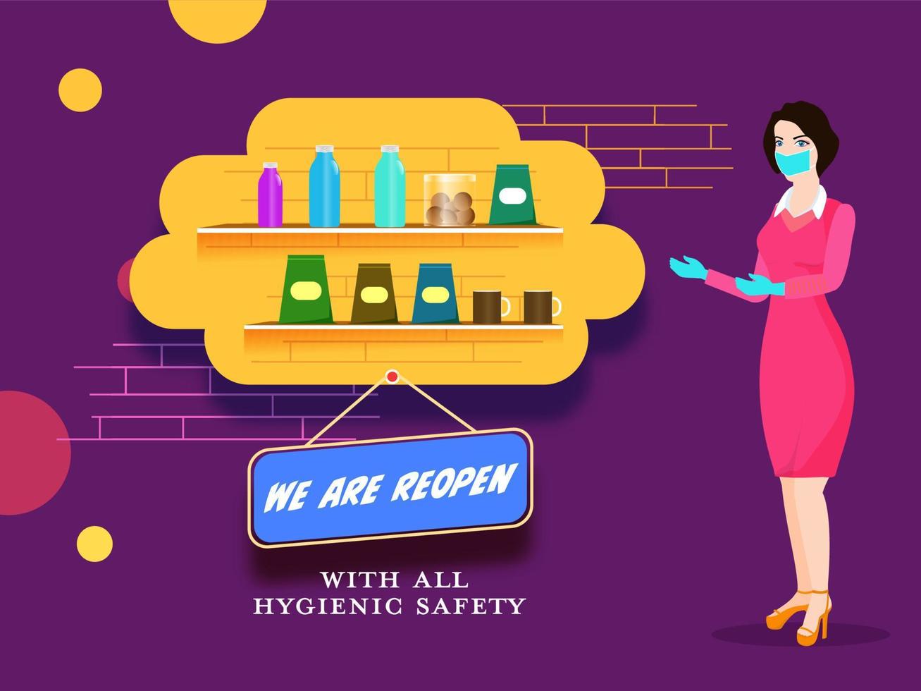 Modern Young Girl wear medical mask with gloves showing products and We Are Reopen With All Hygiene Safety Text on Purple Background. vector