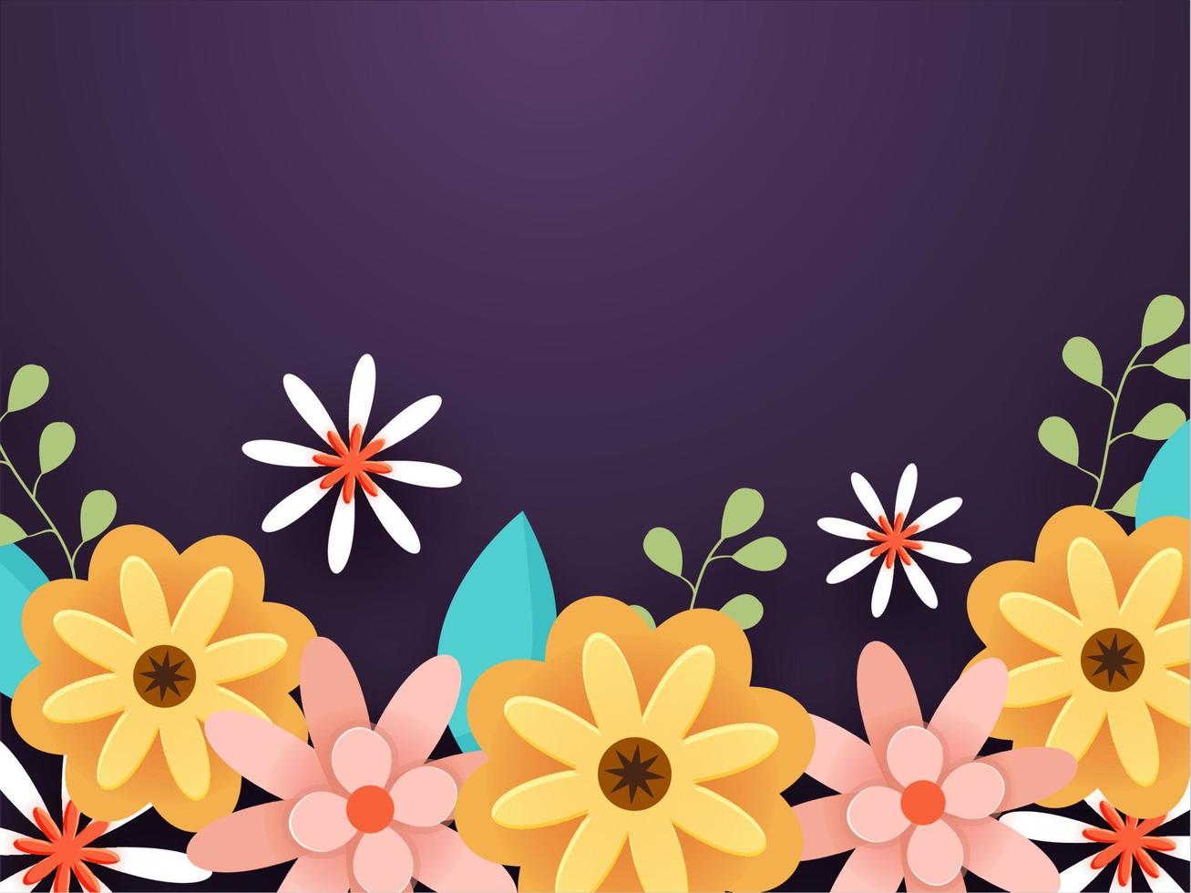 Paper Cut Flowers with Leaves Decorated on Purple Background. vector