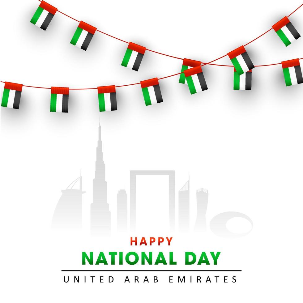 Happy National Day Celebration Poster Design With Silhouette Famous Architecture And Bunting Flags Decorated White Background. vector