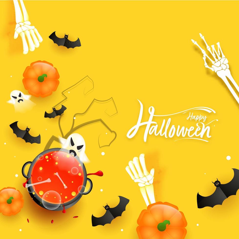 Top View of Blood Cauldron Pot with Cartoon Ghosts, Pumpkins, Skeleton Hands and Flying Bats on Yellow Background for Happy Halloween. vector
