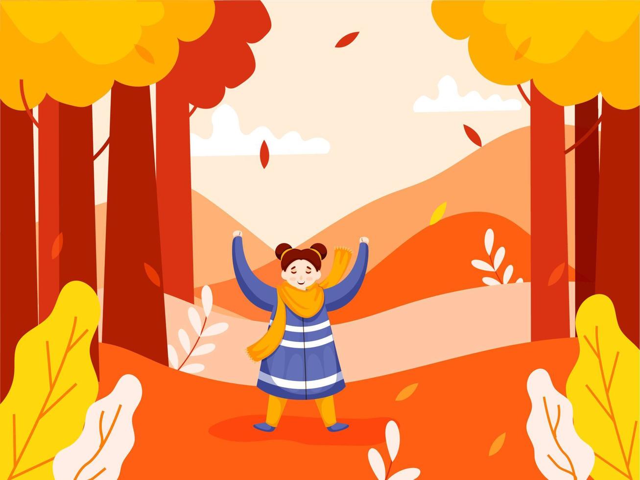 Character of Cheerful Girl Raising Hands Up on Nature View or Garden Background. vector