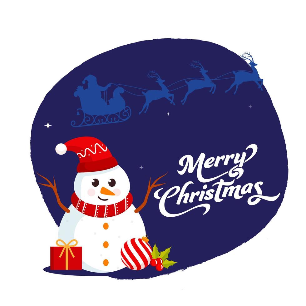 Cartoon Snowman Character With Gift Box, Bauble And Silhouette Santa Claus Riding Reindeer Sleigh For Merry Christmas Celebration. vector