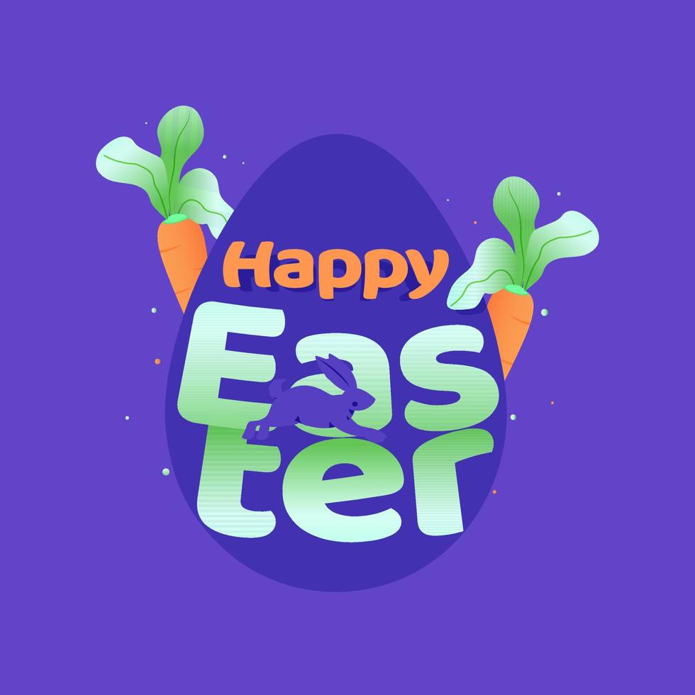 Happy Easter Text with Rabbit Running and Carrots on Purple Background. vector