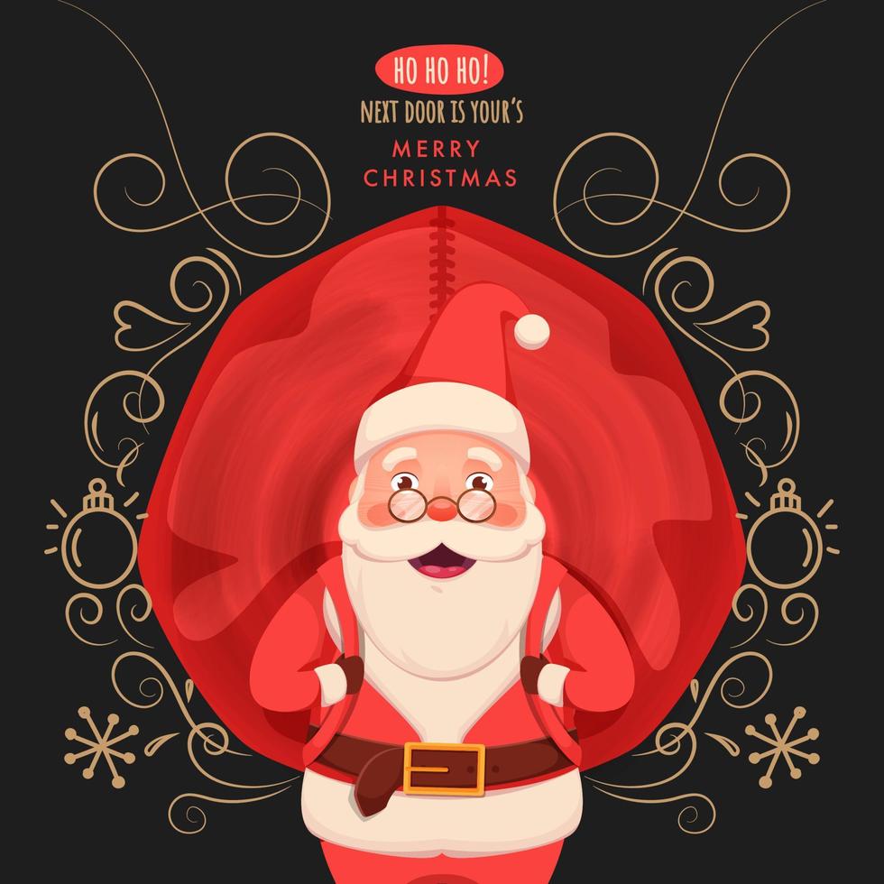 Illustration of Cheerful Santa Claus Carrying a Red Heavy Bag with Floral Motif, Snowflake and Bauble on Dark Grey Background for Merry Christmas. vector