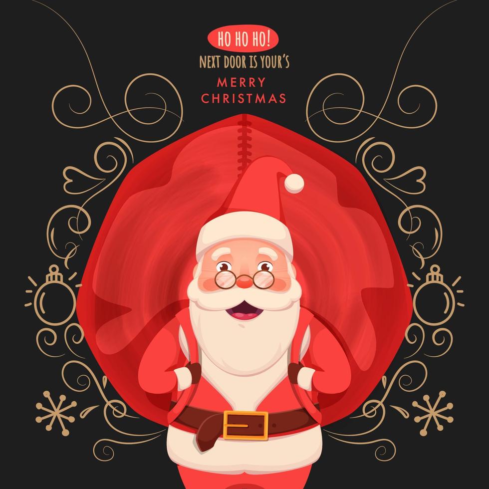 ilustración de alegre Papa Noel claus que lleva un rojo pesado bolso con floral motivo, copo de nieve y chuchería en oscuro gris antecedentes para alegre Navidad. vector