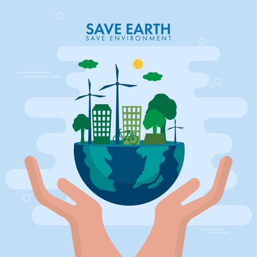 Human Hand Protection Half Earth Globe with Eco City on Blue Background for Save Earth and Environment Concept. vector