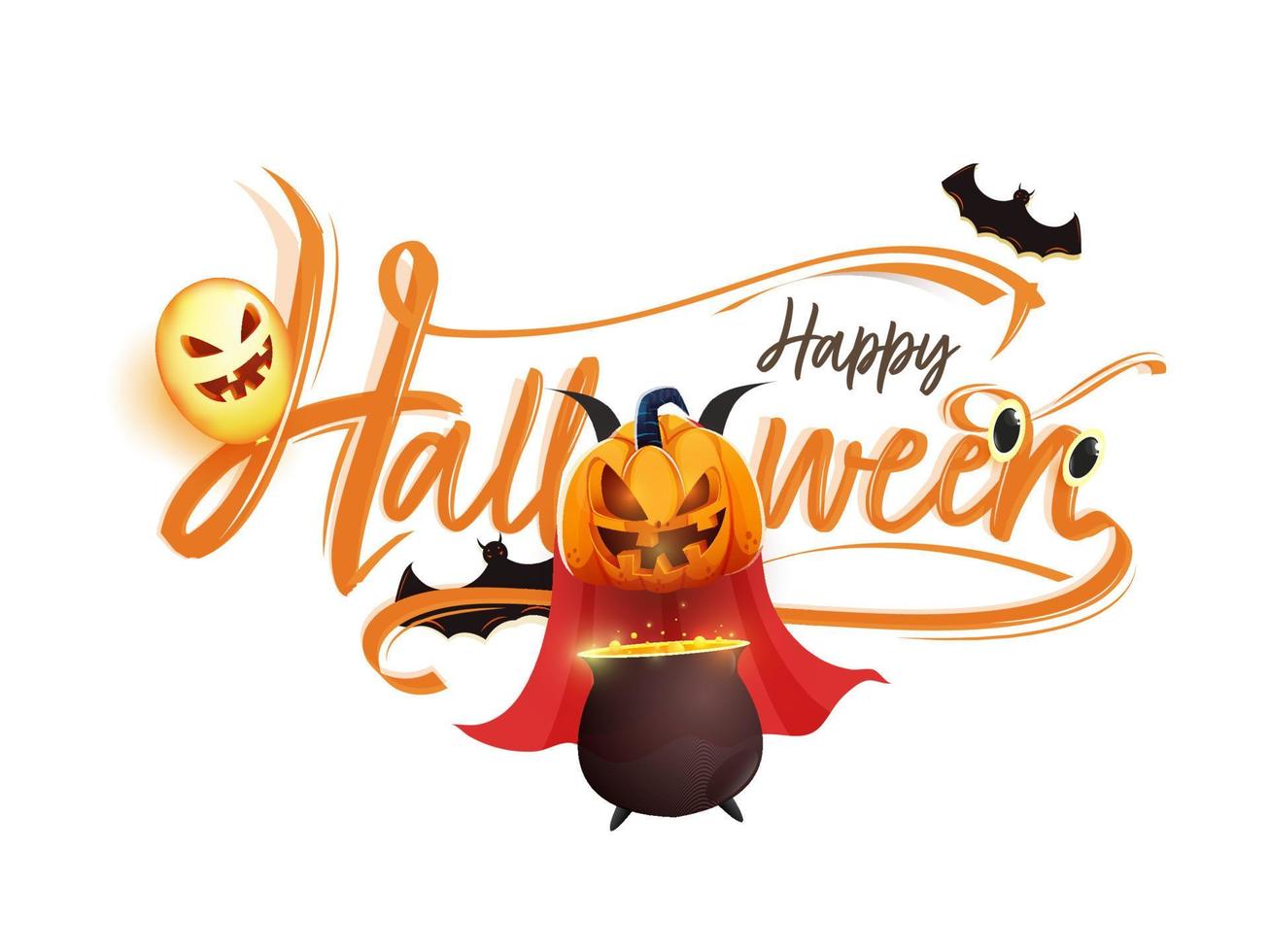 Happy Halloween Font with Boiling Cauldron Pot, Jack-O-Lantern, Eyeballs, Bat and Scary Balloon on White Background. vector