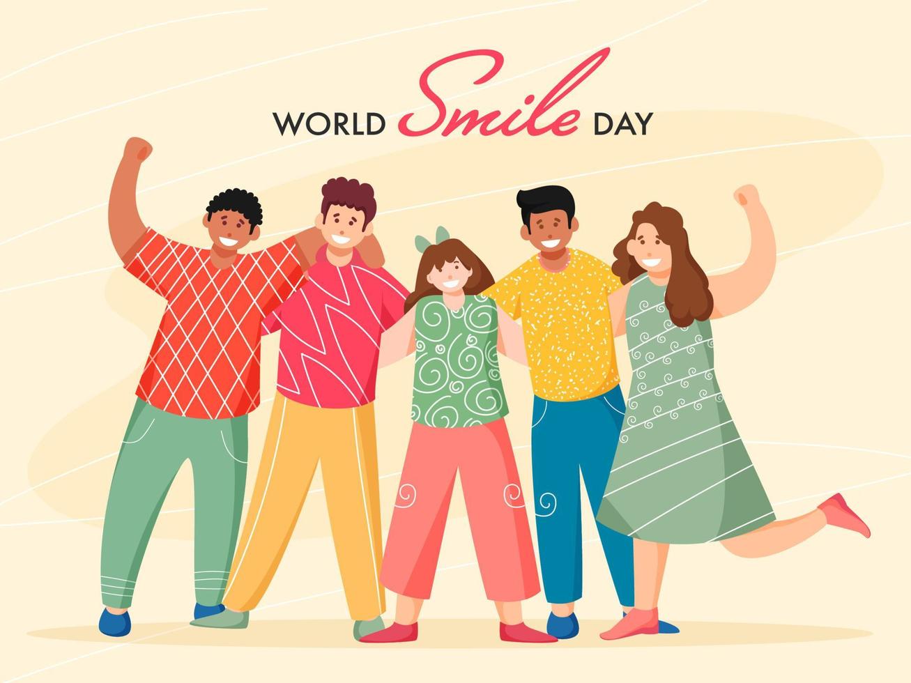 Group of Cheerful Young Boy and Girl Standing Together on Yellow Background for World Smile Day. vector