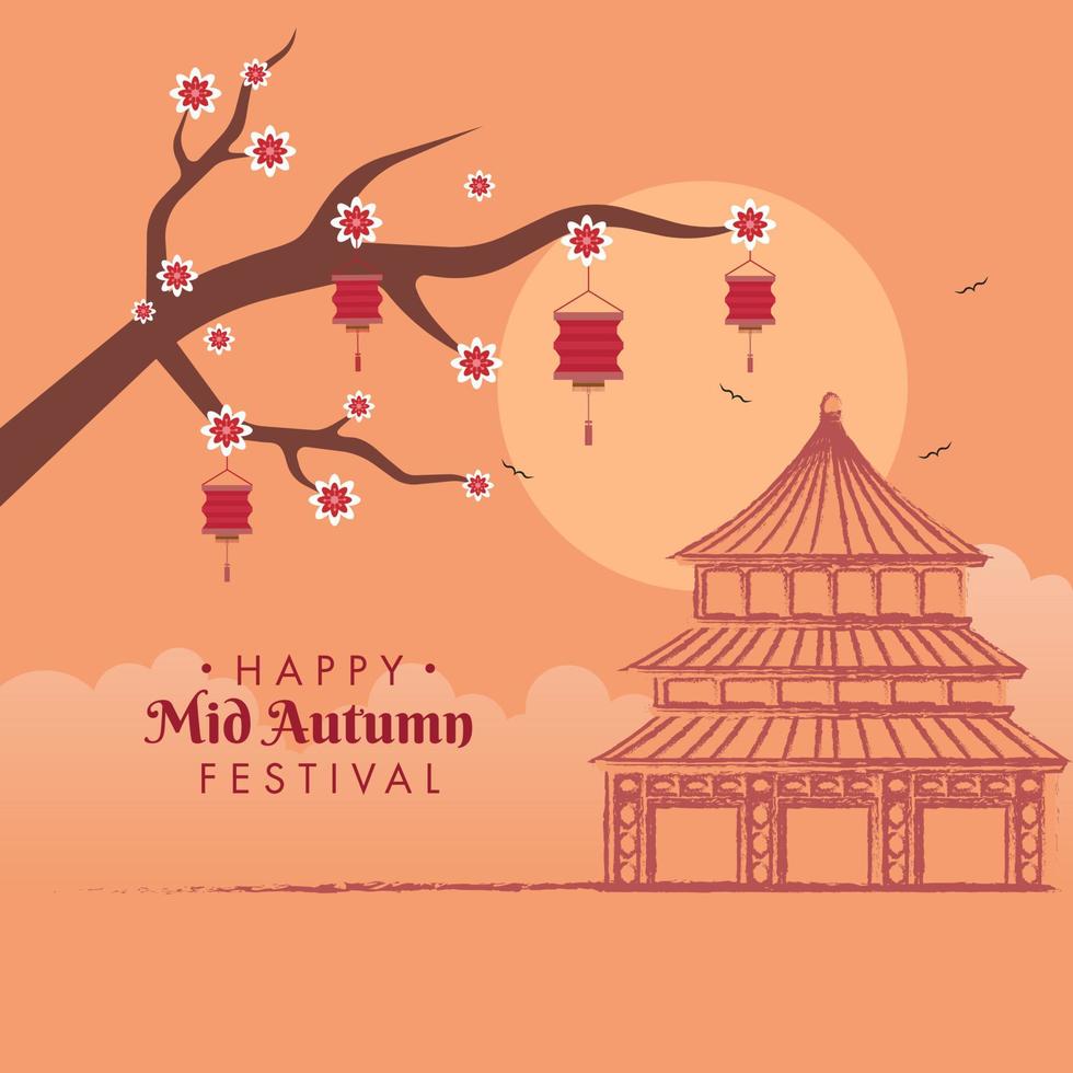Happy Mid Autumn Festival Poster Design with Sketching Heaven Temple, Lanterns Decorated Sakura Flower Branch on Orange Full Moon Background. vector
