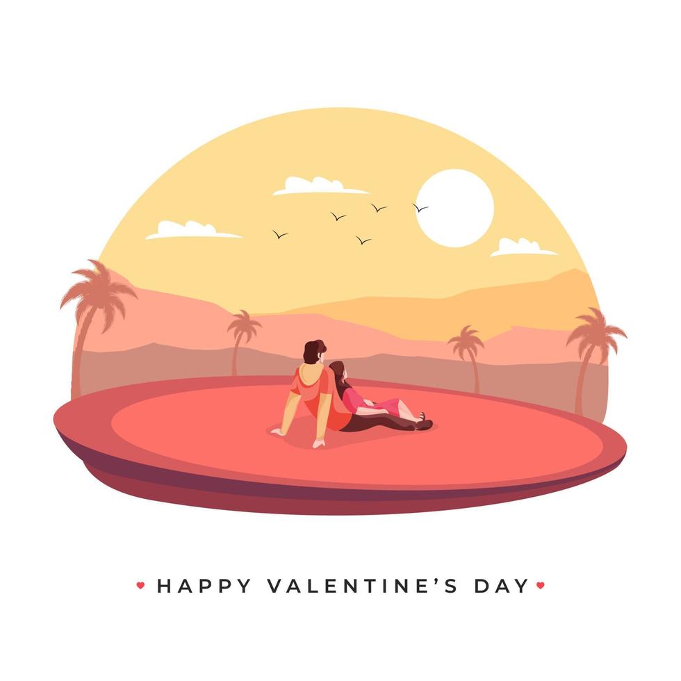 Back View of Young Lover Couple Sitting on Sun Nature Landscape Background for Happy Valentine's Day Celebration Concept. vector