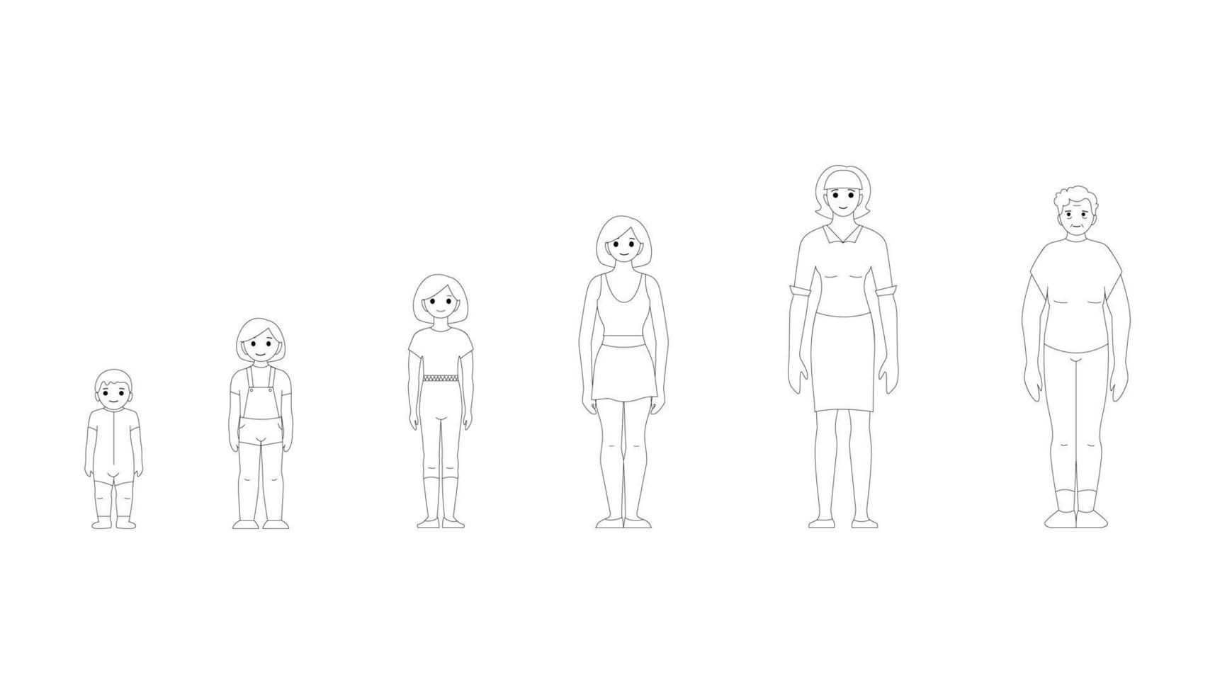 Stages of growing up of a girl, from baby to old man, vector black and white drawing