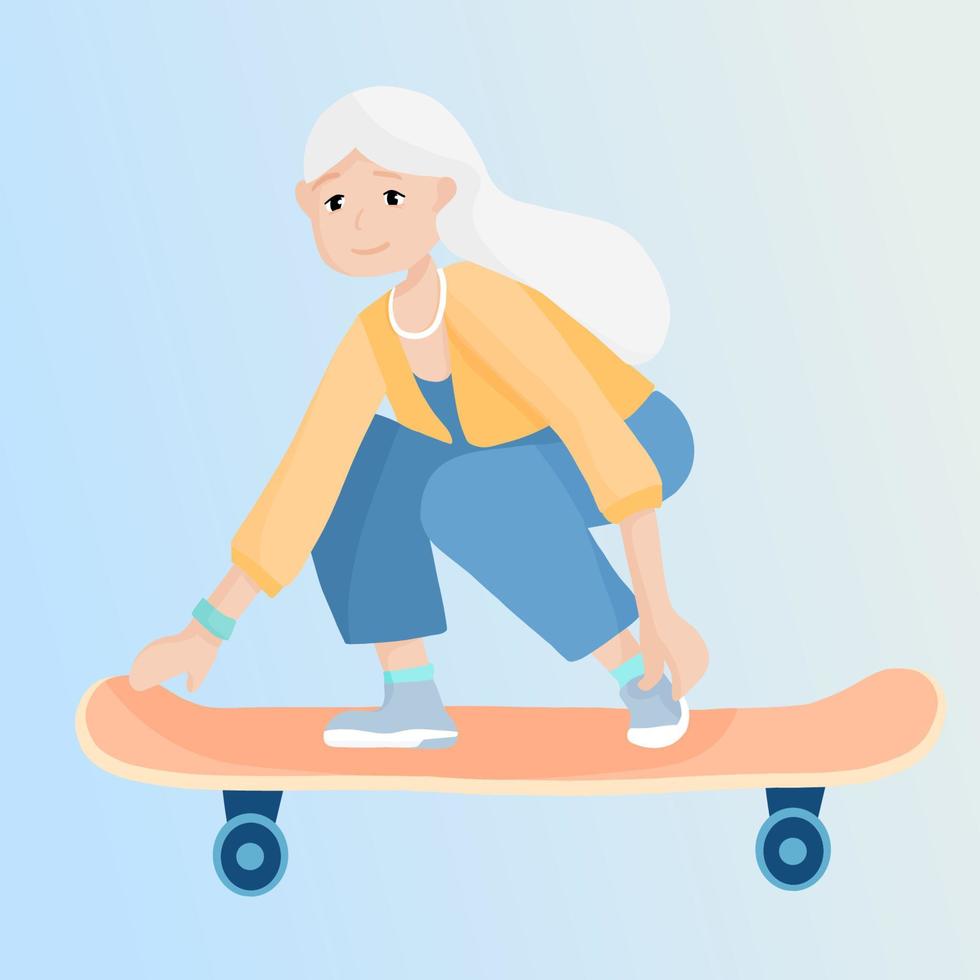 Senior silver generation woman riding a board. Grandma on a longboard. Recreational sport for grandmother. Elderly woman ride a skateboard. Vector flat cartoon illustration.