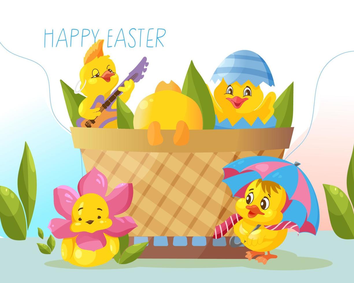 Happy Easter banner, easter basket with little chicks, basket with easter eggs. vector