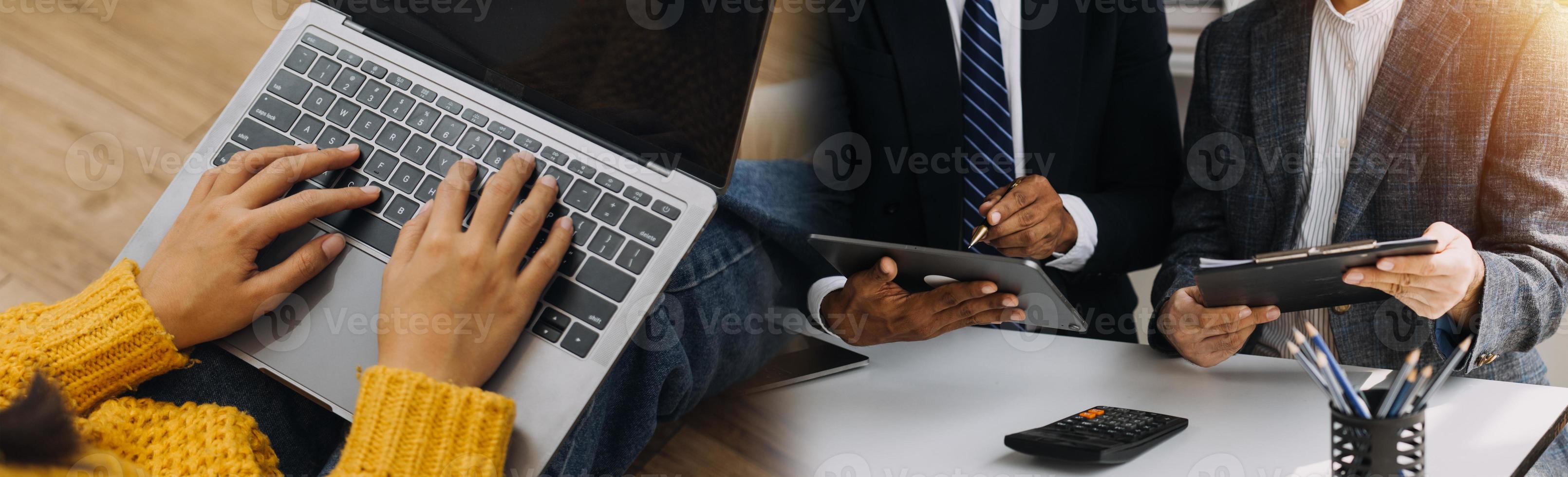 Team Of Business working at office with documents on his desk, doing planning analyzing the financial report, business plan investment, finance analysis concept photo