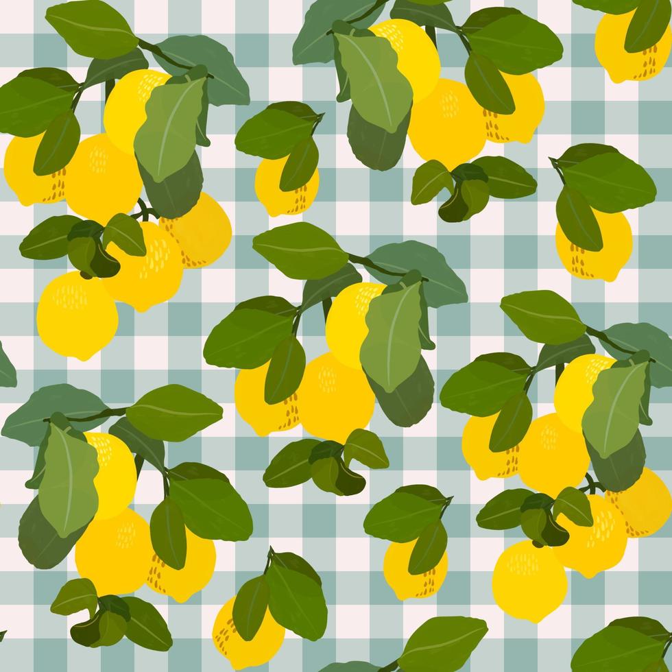 Lemons gouache flat illustrations seamless pattern. Green leaves and lemons isolated on cute checkered background for wrapping paper, wallpaper, fabric. vector