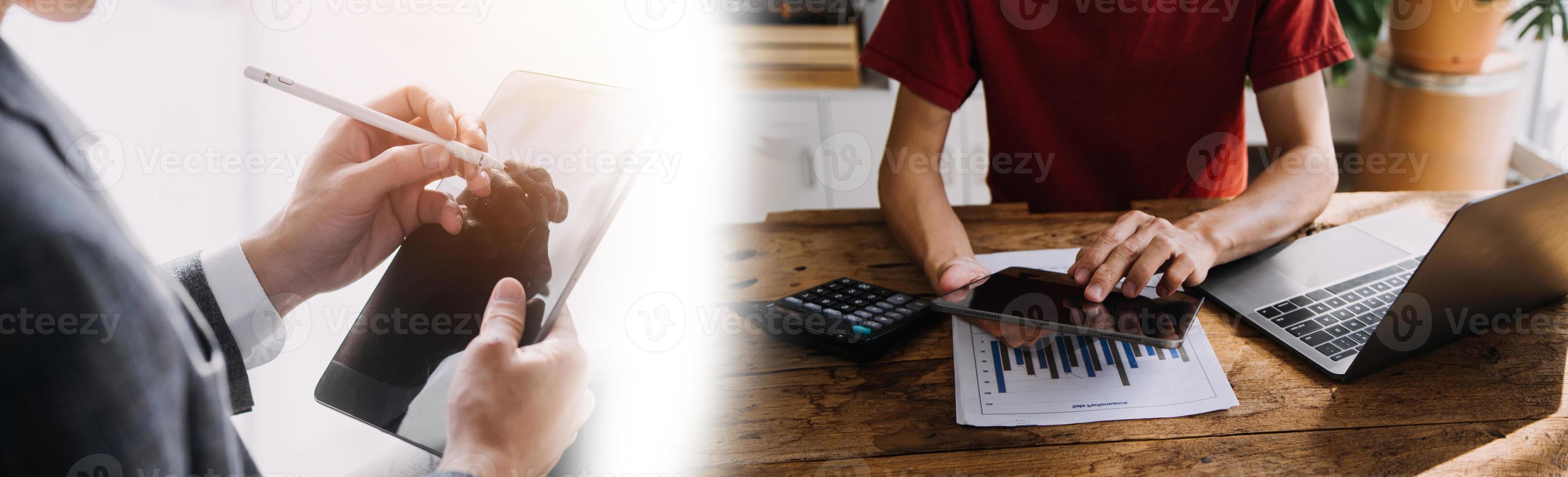 Team Of Business working at office with documents on his desk, doing planning analyzing the financial report, business plan investment, finance analysis concept photo