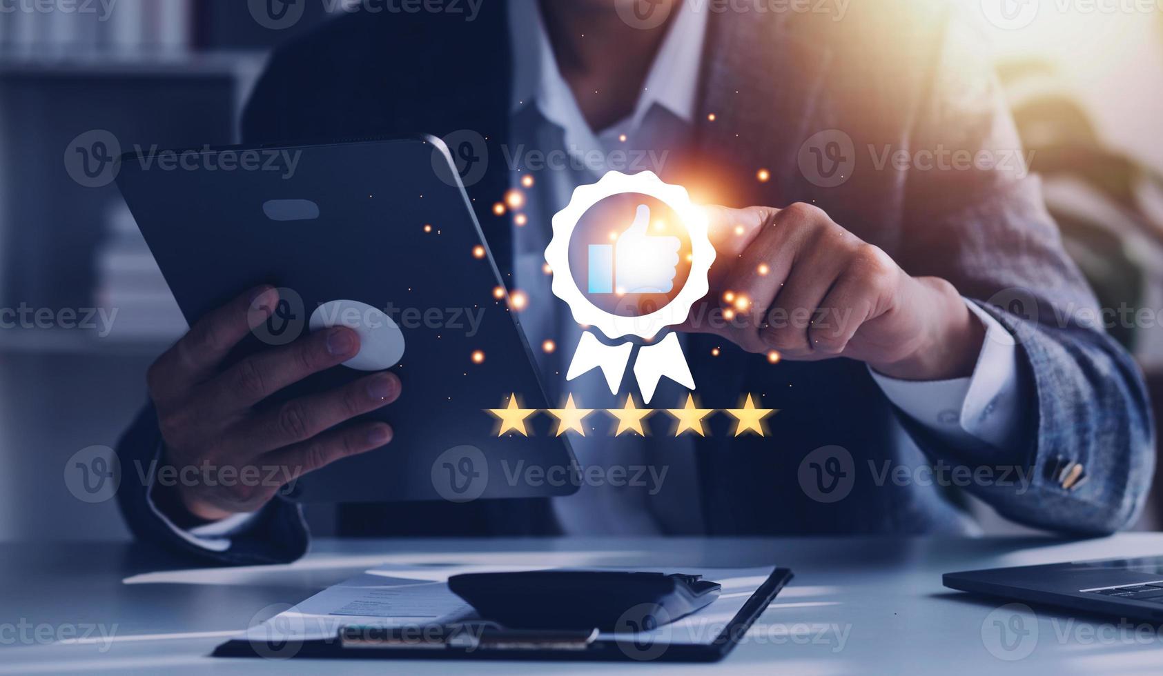 Hand shows the sign of the top service Quality assurance, Guarantee, Standards, ISO certification and standardization concept, satisfaction, service experience. photo
