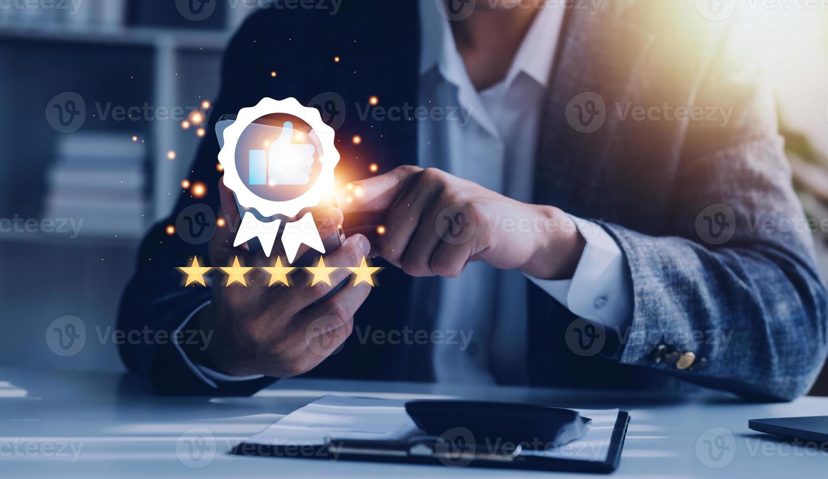 Hand shows the sign of the top service Quality assurance, Guarantee, Standards, ISO certification and standardization concept, satisfaction, service experience. photo