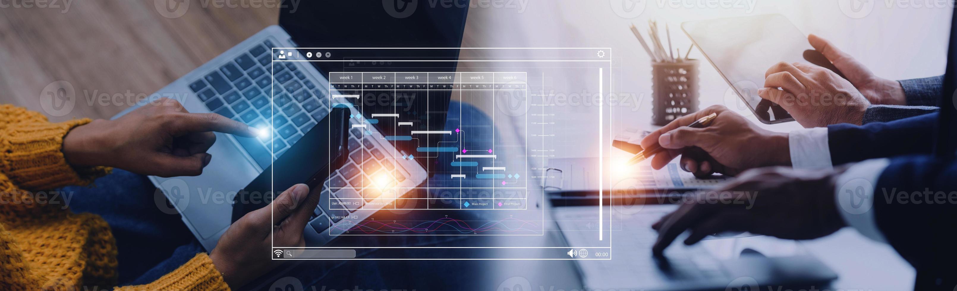 Project manager working with Gantt chart schedule to plan tasks and deliverables. Scheduling activities with a planning software, Corporate strategy for finance, operations, sales, marketing. photo