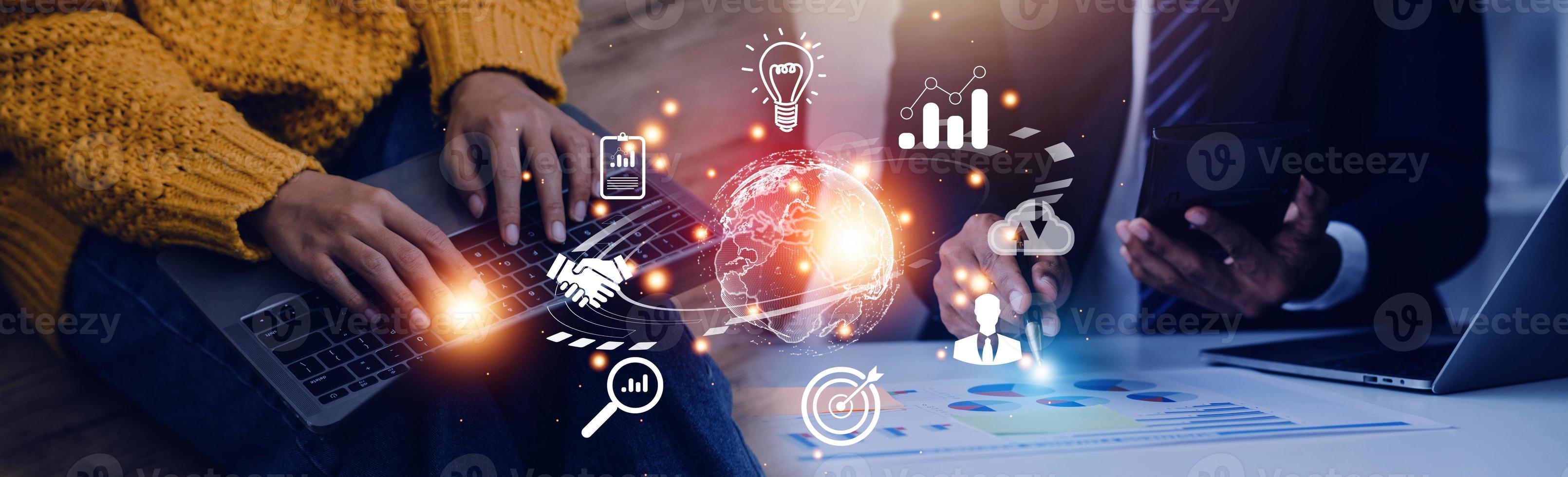 woman Hand holding virtual Global Internet connection metaverse. Business global internet connection application technology and digital marketing, Financial and banking, Digital link tech, big data. photo