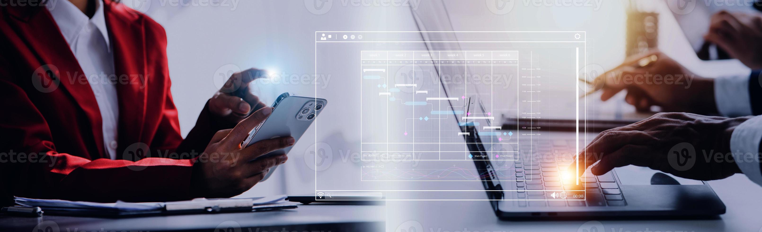 Project manager working with Gantt chart schedule to plan tasks and deliverables. Scheduling activities with a planning software, Corporate strategy for finance, operations, sales, marketing. photo