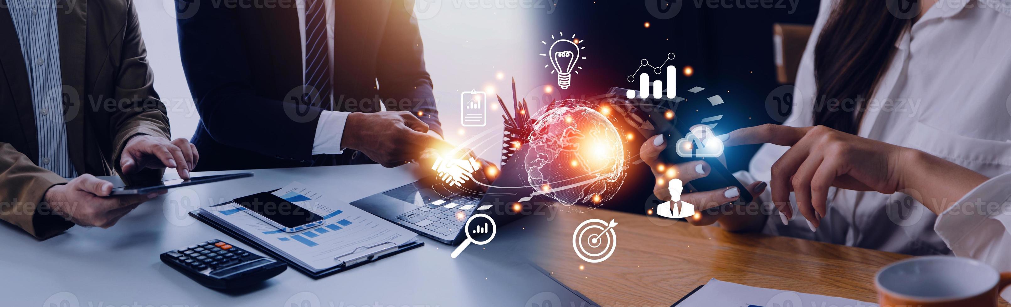 woman Hand holding virtual Global Internet connection metaverse. Business global internet connection application technology and digital marketing, Financial and banking, Digital link tech, big data. photo