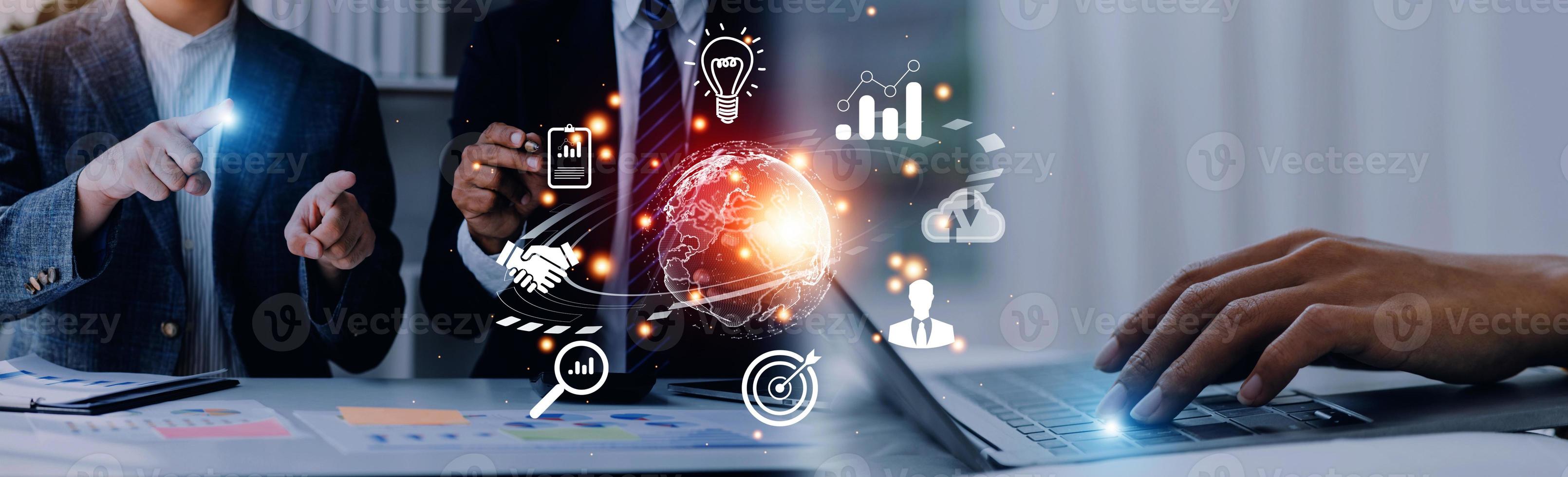 woman Hand holding virtual Global Internet connection metaverse. Business global internet connection application technology and digital marketing, Financial and banking, Digital link tech, big data. photo