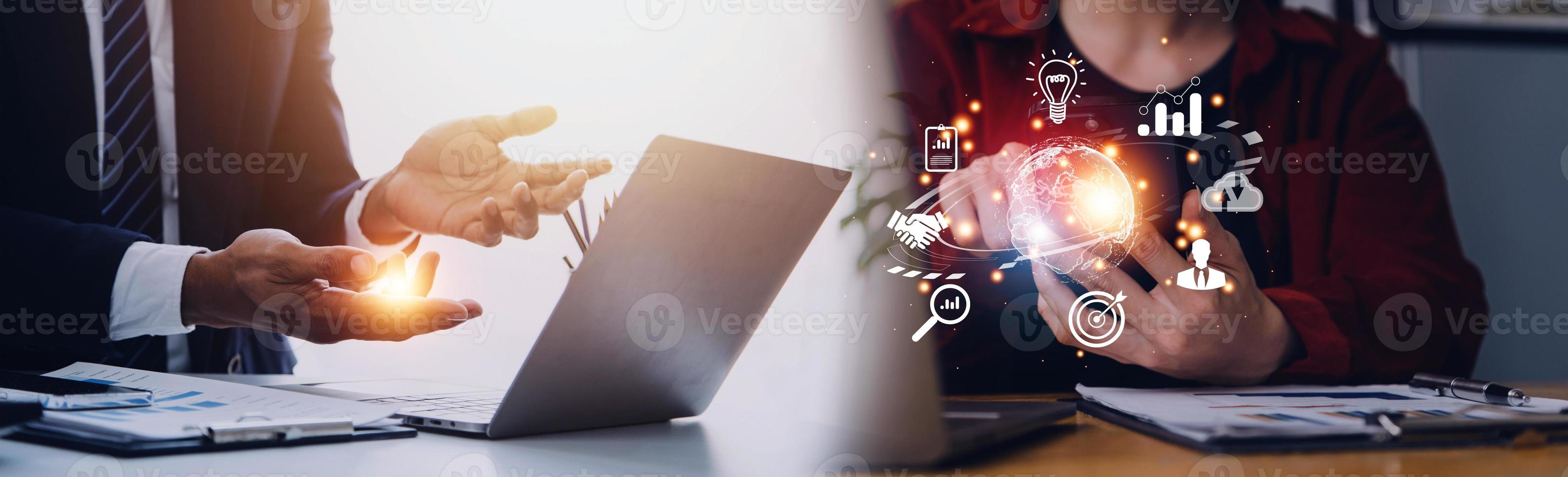 woman Hand holding virtual Global Internet connection metaverse. Business global internet connection application technology and digital marketing, Financial and banking, Digital link tech, big data. photo