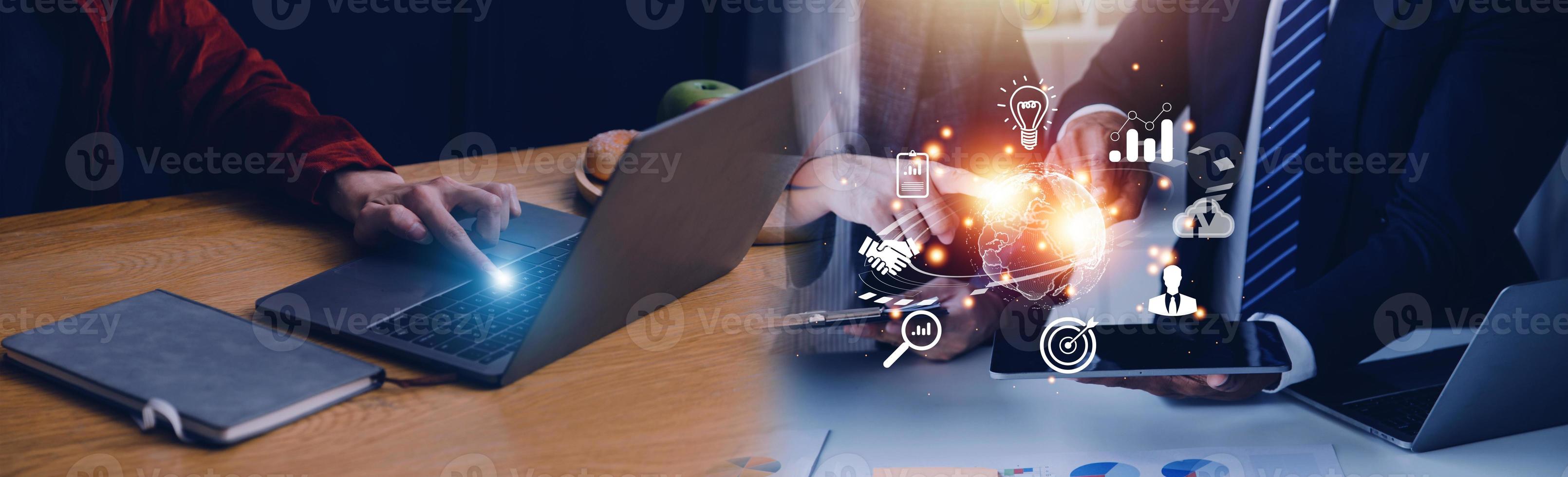 woman Hand holding virtual Global Internet connection metaverse. Business global internet connection application technology and digital marketing, Financial and banking, Digital link tech, big data. photo