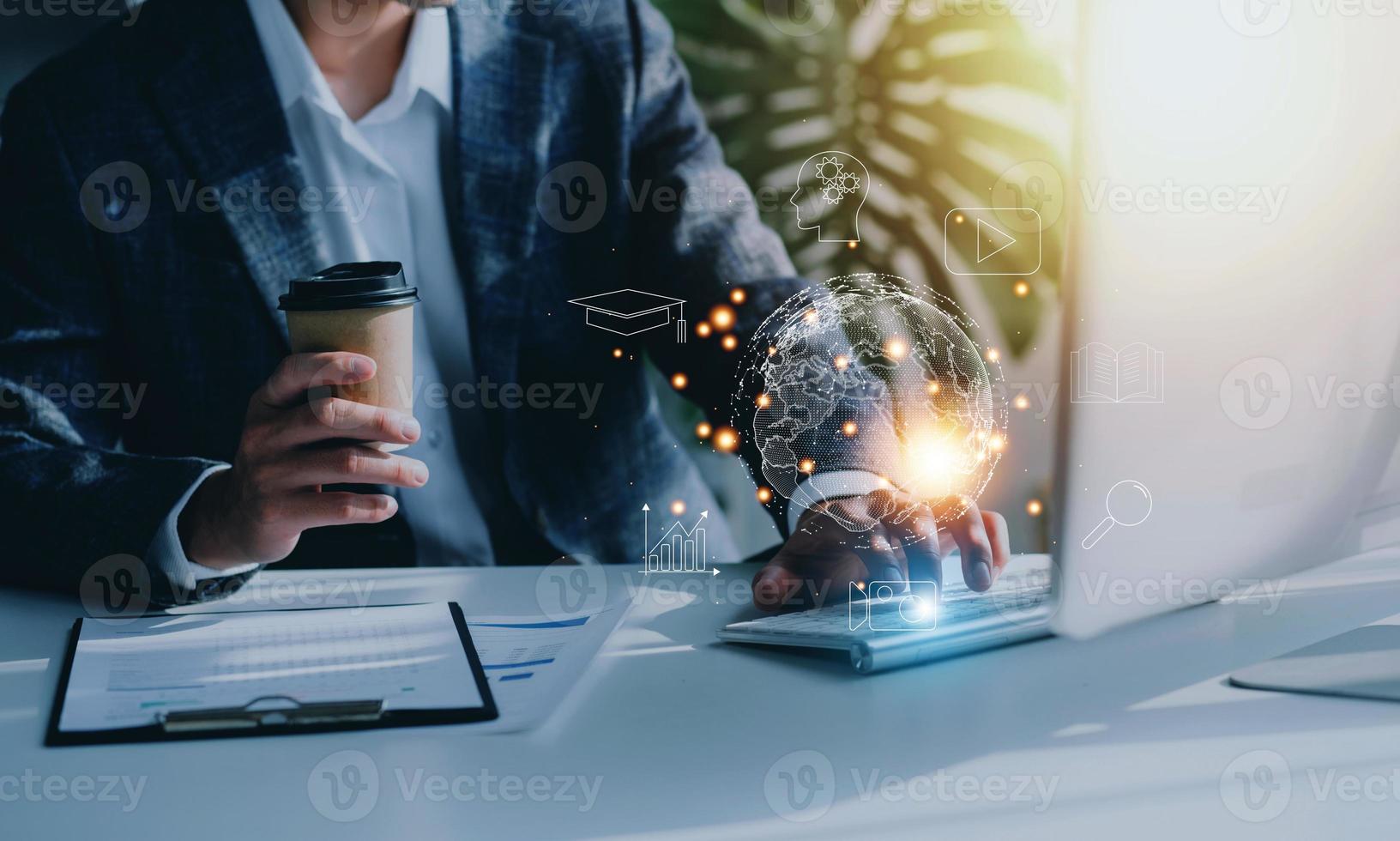 man wearing VR glasses and accessing the Technology Internet, multimedia, Storage Network connection Concept And a large database big data Through internet technology. photo