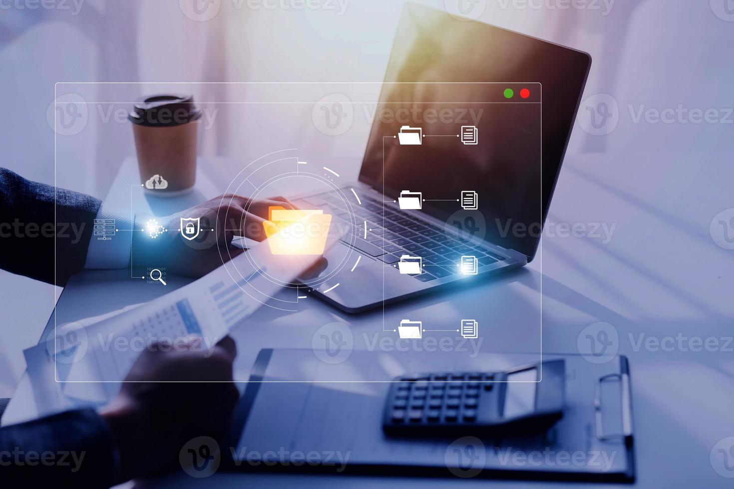 Document management system concept, business man holding folder and document icon software, searching and managing files online document database, for efficient archiving and company data. photo