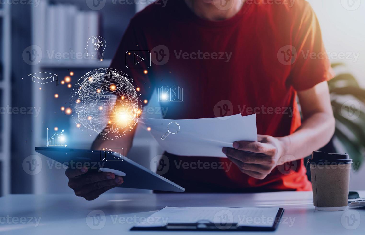 man wearing VR glasses and accessing the Technology Internet, multimedia, Storage Network connection Concept And a large database big data Through internet technology. photo
