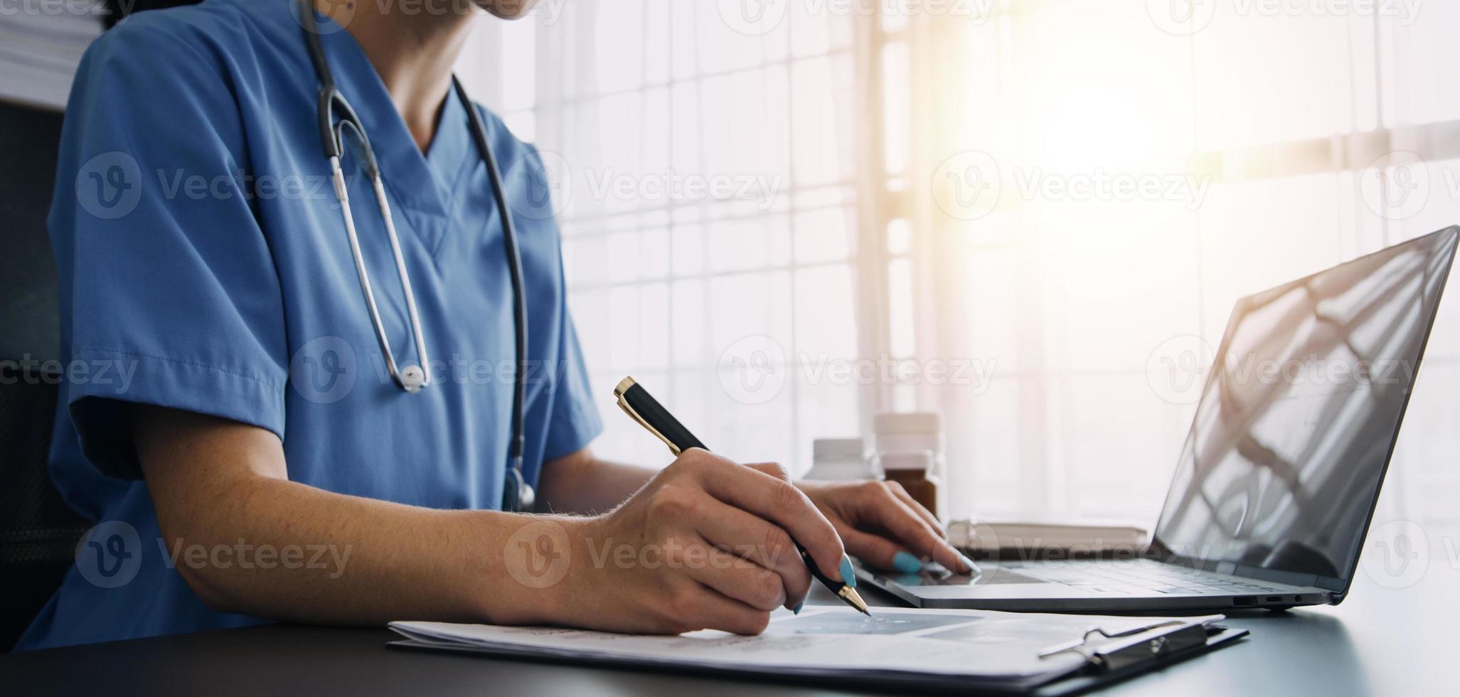 Medicine doctor working with digital medical interface icons on the hospital background, healthcare and Medical technology and network concept. photo