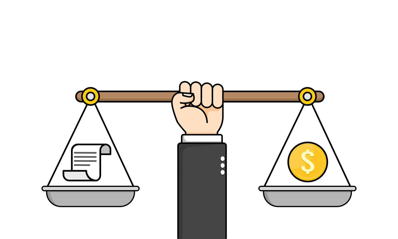 The asymmetry of the scales. The injustice between the law and the power of money. Vector illustration.