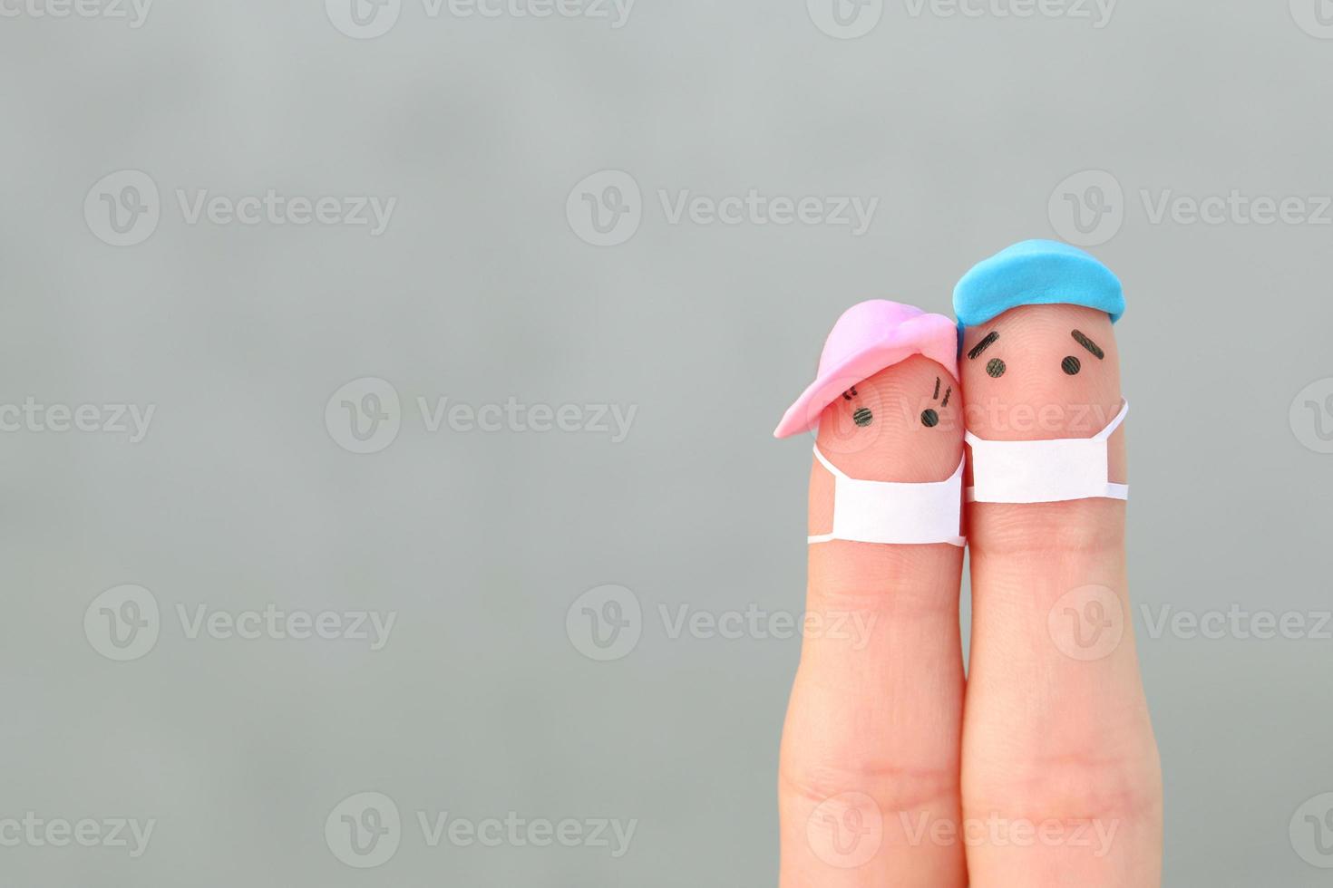 Fingers art of couple with face mask. Space for text. photo