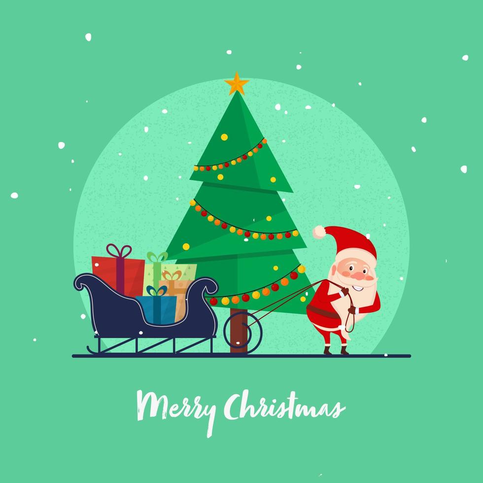 Illustration of Santa Claus Holding Rope of Gifts Sleigh and Decorative Xmas Tree on Green Grain Effect Background for Merry Christmas. vector