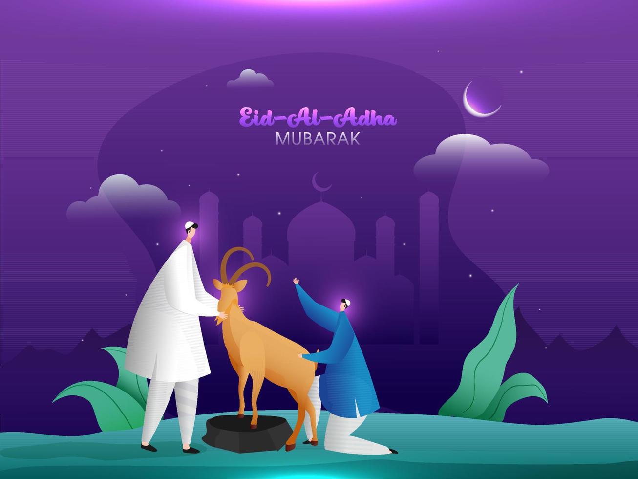 Eid-Al-Adha Mubarak Concept with Muslim Men holding a Cartoon Goat and Crescent Moon on Purple Silhouette Mosque Background. vector