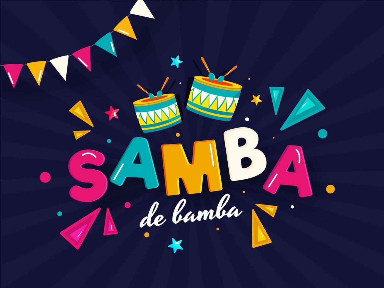 Samba De Bamba Text with Drum Instrument, Geometric Elements and Bunting Flag Decorated on Blue Rays Background for Brazil Music Concept. vector