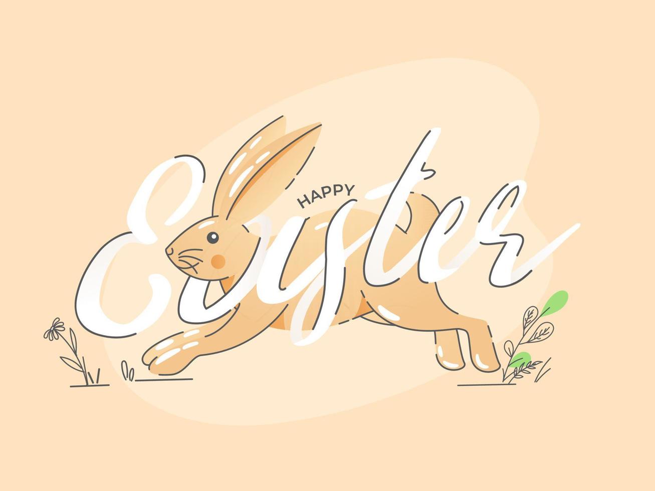 Happy Easter Font with Cartoon Bunny Running on Light Peach Background. vector