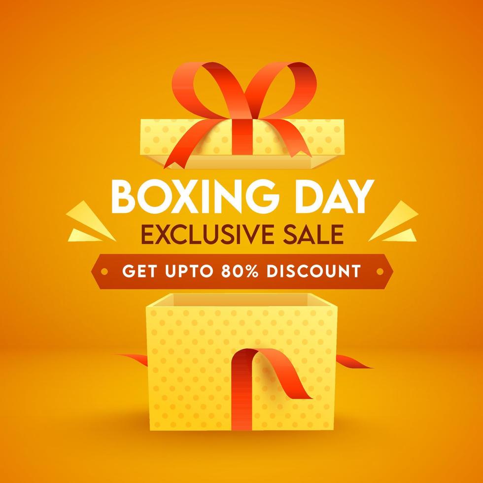 Boxing Day Exclusive Sale Poster Design With 80 Discount Offer And Open Gift Box On Orange Background. vector