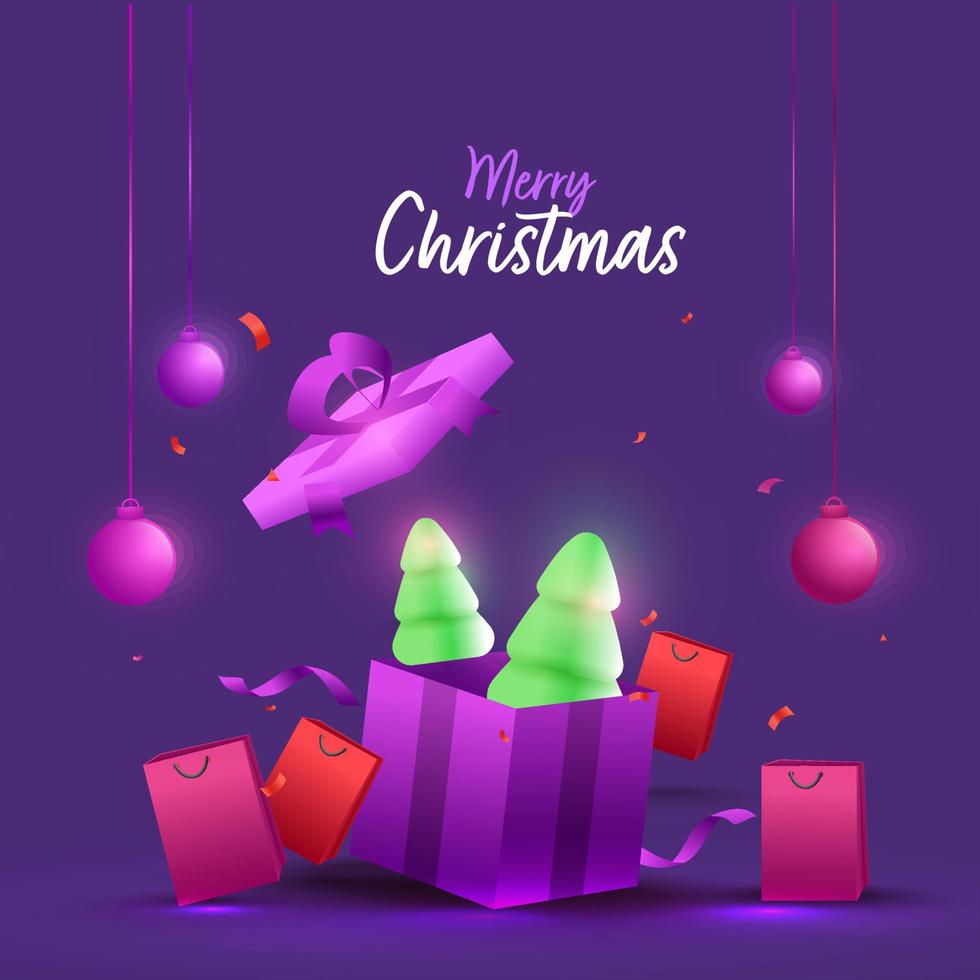 3D Snowy Xmas Trees Inside Gift Box with Shopping Bags and Hanging Baubles on Purple Background for Merry Christmas Celebration. vector