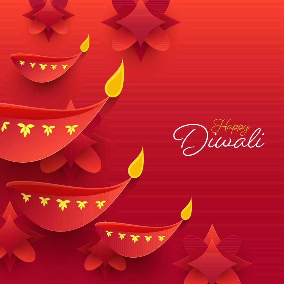 Paper Cut Lit Oil Lamps and Flowers Decorated on Gradient Red Background for Happy Diwali Celebration. vector