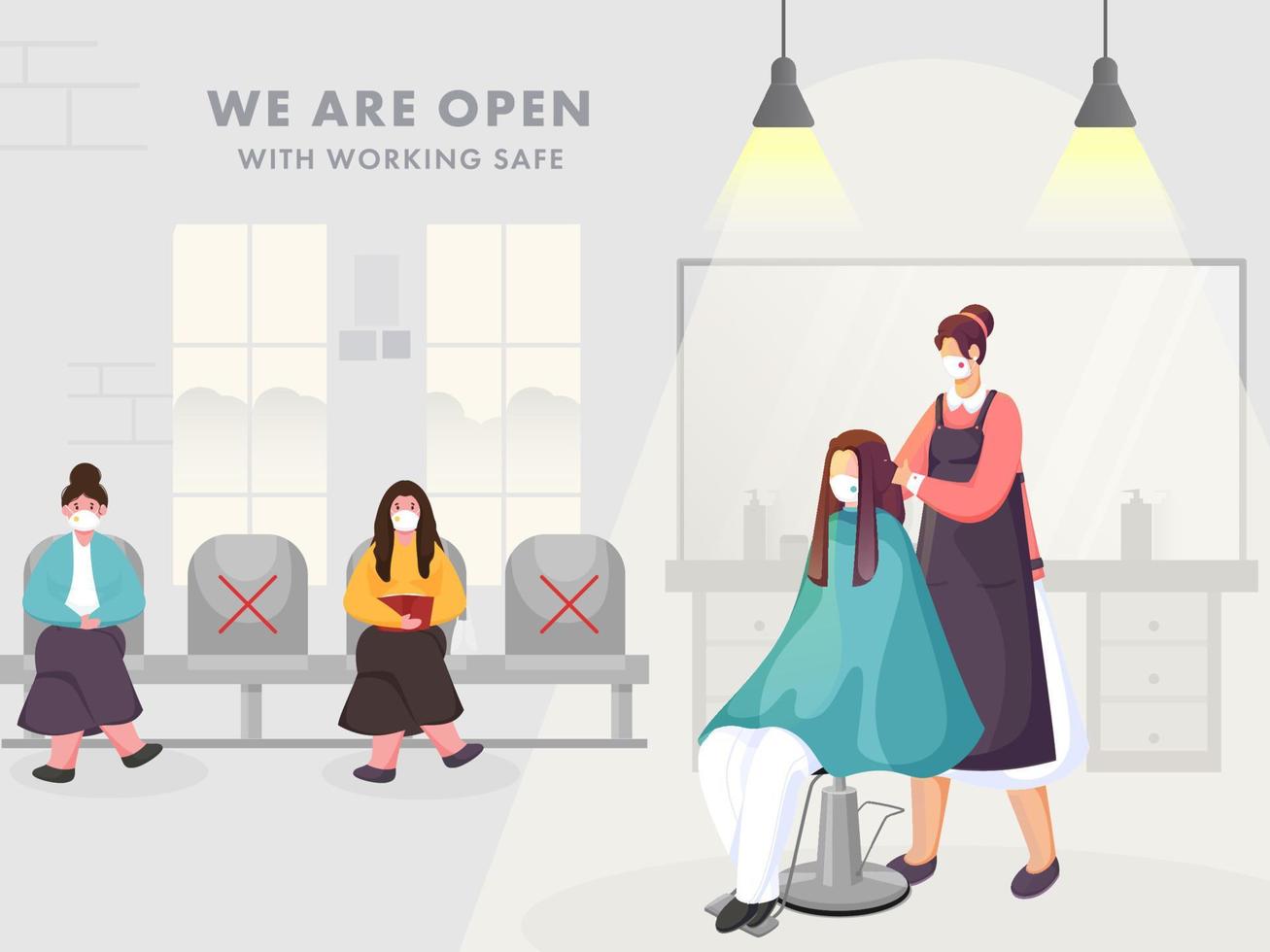 Female Hairdresser And Clients Wearing Protective Mask In Beauty Parlor Or Salon With Maintaining Social Distance For Avoid Coronavirus. vector