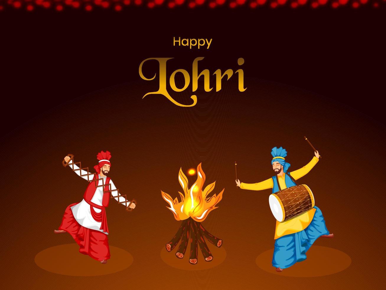 punjabi hombres jugando dhol, savia instrumentos y hoguera ilustración en marrón antecedentes para contento lohri celebracion. vector